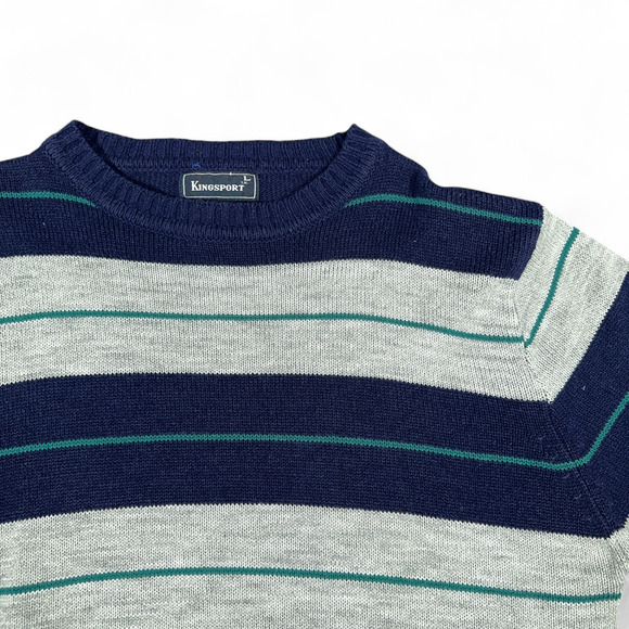 Vintage Kingsport Sweater Adult MEDIUM Blue Gray Striped Knit Sears Preppy 80s - Picture 2 of 7